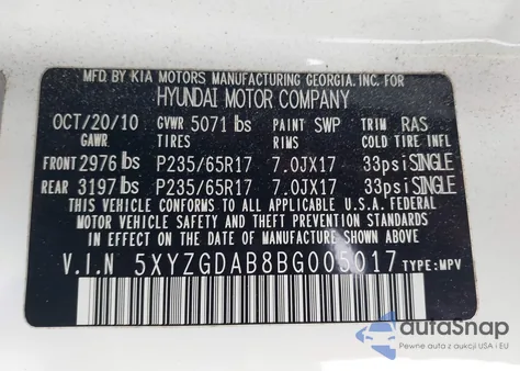 2011 Hyundai Santa Fe Gls z USA, uszkodzony, nr VIN 5XYZGDAB8BG005017